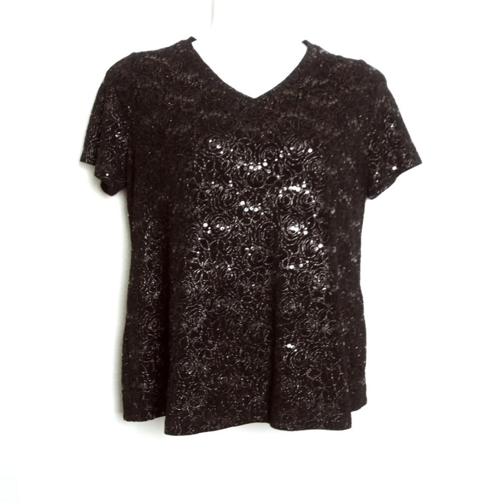 Black Sequin Embellishment metallic V- Neck Top 1X/XG(16W)